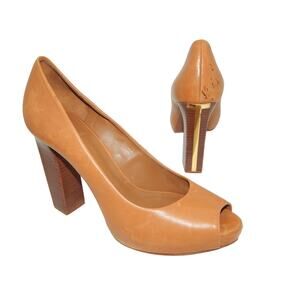 Tory Burch Caramel Tan Leather Peep Toe Pump Size 11